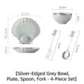 Set di stoviglie in ceramica da 4 pezzi con piatto a conchiglia e bordo argento - Set Stoviglie Conchiglia Bordo Argento / Grigio