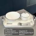 Luxury 6-piece white ceramic ramen bowl set with tray and silver bear-motif cutlery - 6-Piece Set (Bowl + Stew Pot + Tray + Cutlery) / 8 inch / Silver Edge White