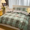 Japanisches Bettwäsche-Set aus gewaschener Baumwolle mit grün-grauem Karomuster - Frisches Großes Karo