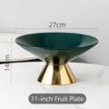 Modern 11-inch dark green ceramic fruit bowl with a high gold conical metal base - 11" / Green