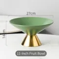 Elegant green ceramic fruit bowl with gold base and dimension markers for home decor - 11" / Matte Green