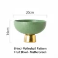Elegant matte green ceramic fruit plate with volleyball pattern and gold pedestal base - 8 Inch Volleyball Texture Fruit Plate / Diameter 20cm / Matte Grass Green