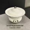 Soupière élégante en céramique blanche de 8 pouces avec bord argenté et socle chauffant - Avec Réchaud (Style de Luxe) / 8 pouces