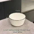 Elegant 6-inch white ribbed ceramic bowl with silver rim, perfect for cereal, soup, or dessert - Vertical Fluted Straight / 6inch / Silver White