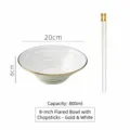 Bol à ramen en céramique blanche de 8 pouces avec bord doré et baguettes assorties, 800 ml - 8 pouces / Bol à Soupe avec Baguettes / Blanc avec Garniture Dorée