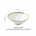 Élégant bol à ramen en céramique blanche de 8 pouces avec bord doré et cannelures - Bol Trompette Texture Verticale / 980ml (Diamètre 20cm) / Or Blanc