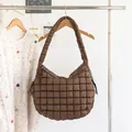 Brown quilted nylon shoulder bag in casual Korean style with wrinkled texture. - Pleated Quilted (SR2016) / Brown