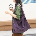 Minimalist purple plaid canvas tote bag with adjustable shoulder strap for women - Purple