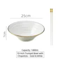 Bol à ramen de 10 pouces en céramique blanche avec bordure dorée et assortiment de baguettes - 10" / Bol à Soupe avec Baguettes / Blanc avec Garniture Dorée