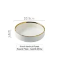 Assiette creuse en céramique blanche de 8 pouces avec bord doré et texture nervurée - Assiette Creuse Droite à Rayures Verticales de 8 Pouces / Or & Blanc