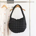 Black quilted nylon shoulder bag featuring a stylish crescent shape and grid texture design - Pleated Quilted (SR2016) / Black