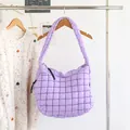Stylish purple quilted nylon shoulder bag with padded grid pattern and soft texture - Pleated Quilted (SR2016) / Purple