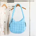 Sky blue quilted nylon shoulder bag with checkered puffy design for women - Pleated Quilted (SR2016) / Sky Blue