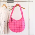 Vibrant pink quilted nylon hobo shoulder bag featuring puffy grid texture and zipper - Pleated Quilted (SR2016) / Rose Red