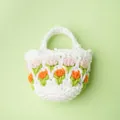 Handmade crochet tulip headphone case in white featuring pink and orange flower patterns - Finished White / White