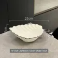 Saladier en céramique blanche de 10 pouces en forme de feuille avec bord argenté - 10" / Argent Blanc