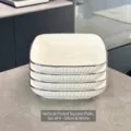 Lot de 4 assiettes carrées en céramique de style nordique avec texture verticale - Assiette Carrée Cannelée / Lot de 4 / Argent