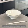 8-inch white ceramic ramen bowl with silver rim and matching chopsticks set, 980ml. - Vertical Texture Trumpet Bowl (With Chopsticks) / Silver White