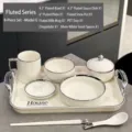 Set da tavola 8 pezzi in ceramica bianca bordo argento e design scanalato per una persona - Vertical pattern series 8-piece set g style