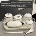 Set di stoviglie da 8 pezzi in ceramica bianca premium con bordo argento e vassoio - Vertical pattern series 8-piece set k style