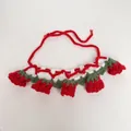 Handmade crochet pet collar with red strawberry-like floral pendants and adjustable tie. - Lily Of The Valley Bib / Red Lily Of The Valley Bib