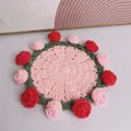 Detailed view of handmade crochet rose flower coaster with intricate knit textures - Rose Coaster / Pink