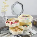 Elegante joyero giratorio de 4 niveles con forma de flor y espejo interior de plástico - Triple Capa / Marfil