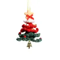 Unique handmade crocheted Christmas tree ornament with red bow and gold bell hanging detail - Red