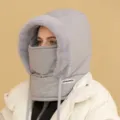 Detail of grey winter balaclava hood with soft faux fur trim and integrated face mask. - Light Gray