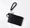 Detalle de un mini tarjetero negro con ranuras, cremallera y cordón para el cuello - 1 Pieza/Paquete / Negro