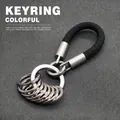 Braided rope car keychain with multi-ring design in black and silver tone finish - Black Finger Rope - 8 Rings / Black