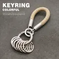 Stylish woven rope car keychain featuring multi-ring design in beige and matte silver - Khaki Finger Rope - 8 Rings / Khaki