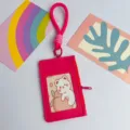 Cute pink PU leather card holder with zipper pocket and wrist strap lanyard - 1 Card Sleeve + 1 Lanyard / Rose Red