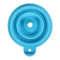 Top view of a blue foldable food-grade silicone kitchen funnel with a convenient hanging hole - Blue