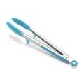 Blue silicone kitchen food tongs with integrated stand and locking pull ring for BBQ cooking - With Stand / 12 Inch / Blue