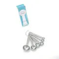 Set of 5 stainless steel measuring spoons with ring and blue retail box packaging - 6-Piece Set in Color Box