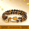 Zweilagiges Armband aus gelben Tigerauge-Perlen mit Kürbis- und Münzanhänger - Aggressiver Reichtums-Flaschenkürbis-Stil / Doppelring Natürliches Gelbes Tigerauge / Gelbbraun