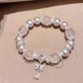 Elegante pulsera de cuarzo rosa natural y perlas con colgante de corazón y lazo - Rosa (Cuarzo Rosa Natural Corazón Lazo)