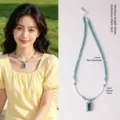 Elegant blue chalcedony and freshwater pearl beaded necklace with rectangular pendant - Necklace / 43cm+5cm Extension / Blue Chalcedony Freshwater Pearl Necklace