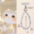 Natural light blue chalcedony and white cat eye stone beaded phone charm lanyard - Blue (Blue Chalcedony Cat's Eye)