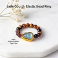 Elastic ring crafted with natural tiger's eye beads and a lucky jade gourd charm - Yellow Tiger Eye Style (Gourd) / 4MM Bead Diameter / Tan