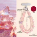 Elegante cinturino per telefono a doppia fila di perle rosa con farfalla di cristallo - Catena per Cellulare con Farfalla in Quarzo Rosa Naturale
