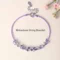 Elegant purple braided cord bracelet with crystal flower accents and S925 silver clasp - Crystal Flower Hand Rope / Purple