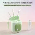 Portable green acne removal tool set featuring needle, tweezers, and a press pump bottle - Green