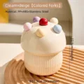 Cute mushroom-shaped fruit fork storage set in cream beige featuring colorful stainless forks - Mushroom House (457-1-2) / 1 Piece / Cream