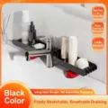 Adjustable black bathroom organizer rack for faucet mounting with drainage holes - Black