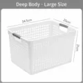 White plastic mesh storage organizer basket, large deep size with detailed measurements - Deep Opening Large With Handles