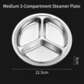 Plat à vapeur à 3 compartiments en acier inox 304, diamètre 21,5 cm et hauteur 3 cm - Plateau Vapeur Moyen à 3 Compartiments (Avec Poignée) / 21.5cm / Argent