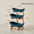 Elegant 3-tier dark green ceramic fruit bowl set with natural bamboo stand for home decor - Triple Layer / Dark Green