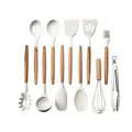 Set di 11 utensili da cucina in silicone bianco con manici ergonomici in legno naturale - Collezione da 11 Pezzi Bianca / Senza Secchio di Stoccaggio